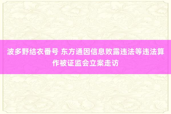 波多野结衣番号 东方通因信息败露违法等违法算作被证监会立案走访
